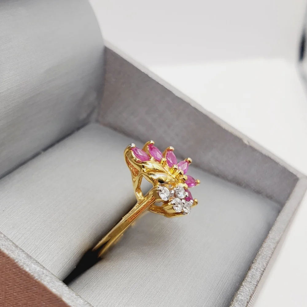 Genuine Marquise Pink Ruby - Simulated Diamonds - 18k Yellow Gold Plated Ring